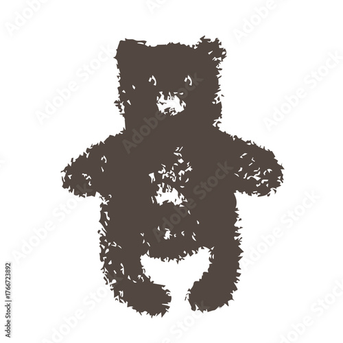 Abstract silhouette of a teddy bear with rough textured edges on a white background, minimal artistic design symbolizing childhood, comfort, nostalgia, and handmade creativity for modern decor