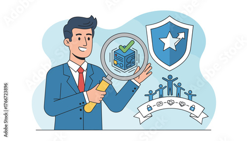 Man in suit inspecting a cube with a checkmark under a magnifying glass, symbolizing quality assurance, with a shield and group of people representing business success and teamwork, conceptual