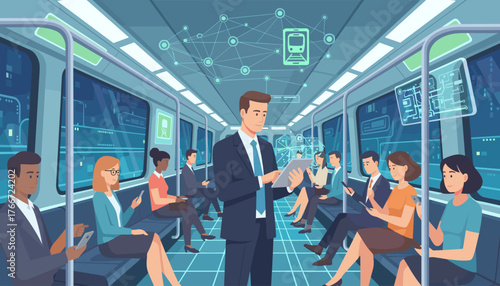 Transportation and logistic manager uses tablet on modern subway train, surrounded by passengers using smartphones, with futuristic digital network overlay showing train icon and city skyline