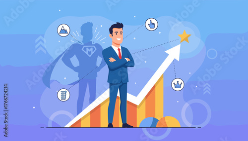 Dynamic vector illustration of a confident businessman in a blue suit with arms crossed, standing before a rising graph and his superhero shadow, symbolizing ambition, success, and leadership in the