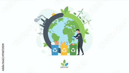 Vivid illustration of Earth Day concept: a person sorts waste into recycling bins, contrasting industrial pollution with renewable energy sources like wind turbines and solar panels, symbolizing