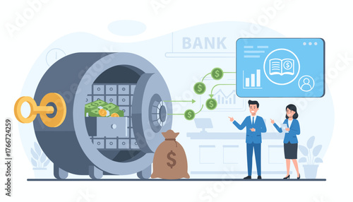 Vivid flat illustration depicting a secure bank safe, partially open, revealing stacks of cash and coins, alongside a burlap money bag and a digital interface displaying financial charts and an open