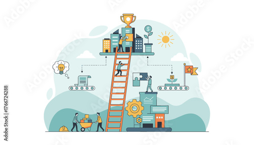 Flat vector illustration depicting a business workflow concept, showcasing a ladder leading to success, with elements like a lightbulb for ideas, puzzle pieces for collaboration, a conveyor belt for