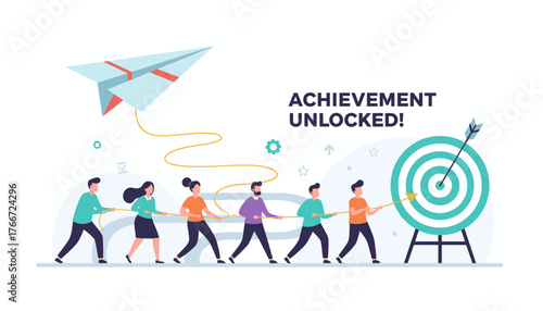 Achievement Unlocked! A vibrant vector illustration depicting a team of diverse people working together, pulling a rope towards a target with an arrow hitting the bullseye, symbolizing success