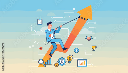 Vibrant vector illustration depicting a determined businessman in a blue suit climbing an upward trending orange arrow, symbolizing career advancement and financial growth, surrounded by business