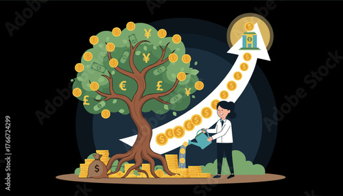 Conceptual vector illustration depicting financial growth and investment success, featuring a flourishing money tree laden with diverse currency symbols and banknotes, a businesswoman watering it