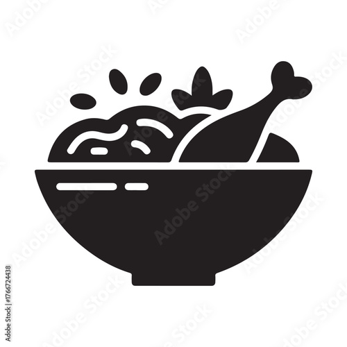 Black silhouette icon of a bowl filled with food and a chicken leg
