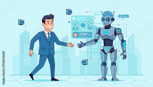 A smiling businessman in a blue suit shakes hands with a futuristic robot, symbolizing the integration of artificial intelligence and technology in the modern business world, with small helper bots