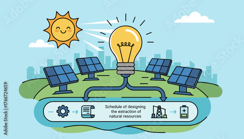 Vibrant illustration of solar panels capturing sunlight to power a lightbulb, symbolizing renewable energy and sustainable power generation, with a city skyline in the background and a process flow