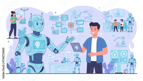 Futuristic AI technology concept illustration showcasing a friendly robot interacting with a man holding a tablet, surrounded by smart home devices, drones, and robotic arms, representing artificial