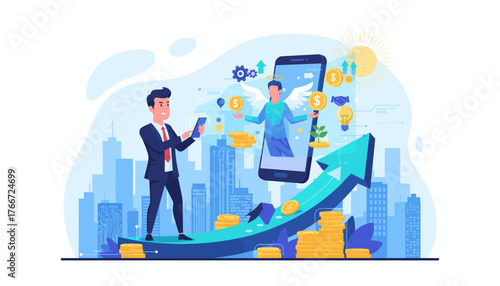 Concept of angel investor, a business angel in a smartphone screen with wings, symbolizing investment and financial growth, with a businessman using a tablet, stacks of coins, a growing plant
