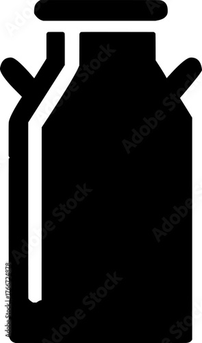 Black and white icon of a milk can on white background