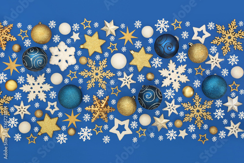 Christmas star, snowflake, sphere decorations banner design on blue background. Festive winter design abstract for seasonal holiday season. Greeting card.