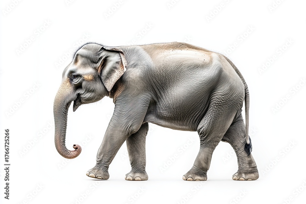 Fototapeta premium Side view of an Asian elephant walking isolated on white background.
