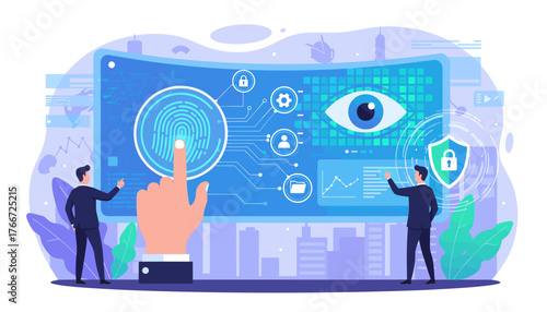 Futuristic digital security concept with businessmen interacting with a large holographic screen displaying biometric fingerprint scanning, an eye icon, a shield with a lock, and data analytics
