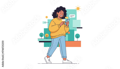 Cheerful multiethnic woman with curly dark hair, wearing a yellow sweater and blue jeans, walks outdoors while actively messaging on her smartphone, with abstract geometric shapes, trees, and a sun