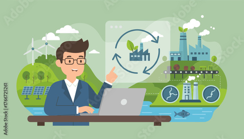 Vibrant illustration of a businessman using a laptop to manage a sustainable circular economy, featuring wind turbines, solar panels, factories with green leaves, and a clean river with fish