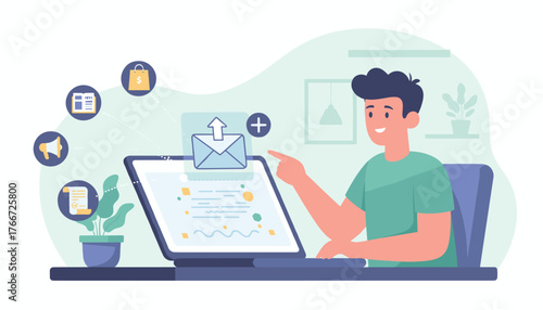 Vivid illustration of a man interacting with a laptop, symbolizing email marketing and newsletter subscriptions. Icons representing shopping, news, megaphone, and documents float around, connected by