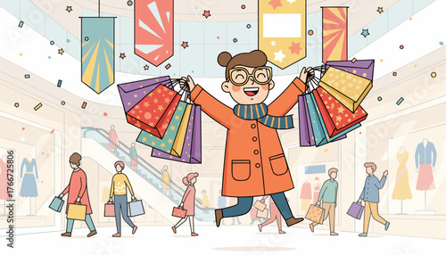 Joyful cartoon shopper with glasses and scarf, gleefully holding numerous colorful shopping bags in a bright, modern shopping mall with escalators, display windows, and other shoppers, conveying