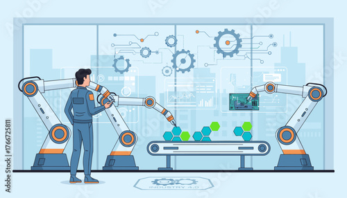 Engineer overseeing automated assembly line with robotic arms, hexagonal components, and digital interface displaying data, representing Industry 4.0 and advanced manufacturing technology in a modern