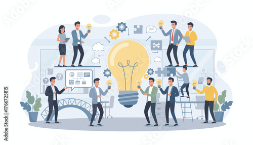 Diverse team of professionals collaborating and exchanging innovative ideas around a giant glowing lightbulb, symbolizing creativity, teamwork, and smart thinking in a modern office setting, business
