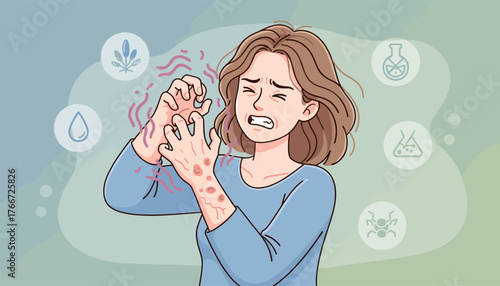 A woman with a distressed expression scratches her itchy hands and arms, which are covered in red, inflamed patches, symbolizing skin conditions like eczema or allergies, surrounded by icons