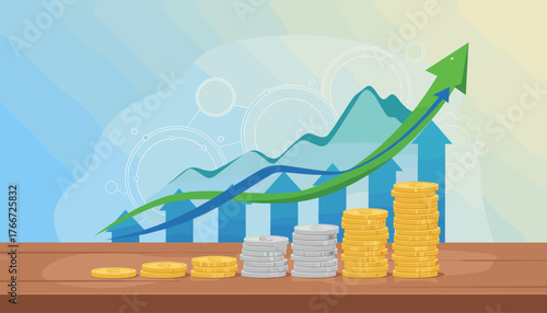 Illustrative finance and business concept featuring a rising investment graph with stacks of gold and silver coins, symbolizing growth and profitability, set against a backdrop of upward-pointing