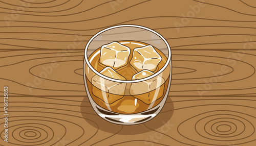 A refreshing glass of amber whiskey filled with ice cubes, presented on a warm, textured wooden background, evoking a sense of relaxation and classic enjoyment, perfect for bar or beverage-themed