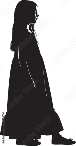 Black silhouette of young girl walking, long flowing dress, minimalist vector illustration for childhood, innocence, fashion, elegance, motion, design, concept, art