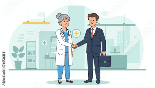 Mature female doctor in a white lab coat and blue scrubs, wearing a stethoscope, shakes hands with a businessman in a dark suit and tie, symbolizing a healthcare partnership or business deal within a