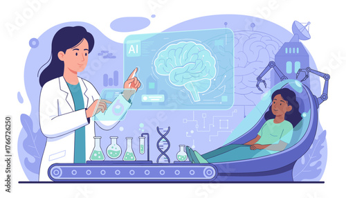 Innovative medical technology concept: A scientist in a lab coat uses artificial intelligence on a futuristic holographic interface to analyze a human brain scan, while a patient rests in a