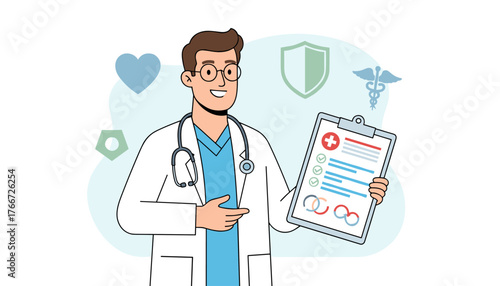 Friendly male doctor wearing glasses and stethoscope, holding a clipboard with medical symbols and checklist, representing healthcare, prescription, insurance, or patient record, in a clean, modern