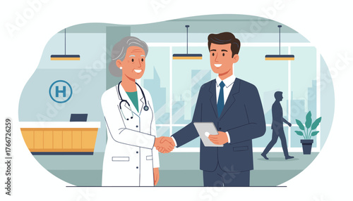 Elderly female doctor in white coat with stethoscope shakes hands with a smiling businessman in a suit holding a tablet, symbolizing healthcare partnership and medical business collaboration in a