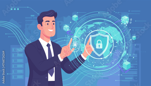 Smiling businessman in a suit interacting with a futuristic holographic interface displaying a glowing shield with a padlock symbol, representing global network security and data protection, set