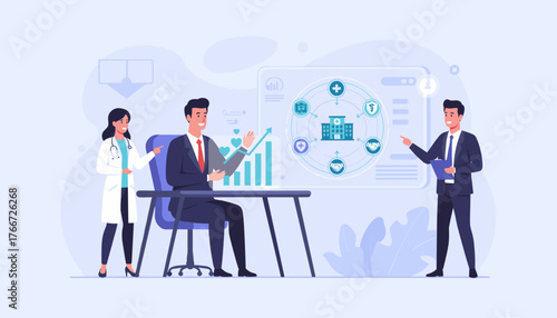 Modern flat illustration of a medical business and healthcare insurance concept, featuring professionals discussing financial growth charts and a digital interface displaying hospital services and