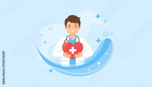 Friendly male doctor in a white coat and stethoscope holding a red heart with a white cross, symbolizing care and health, against a light blue background with abstract shapes and medical symbols
