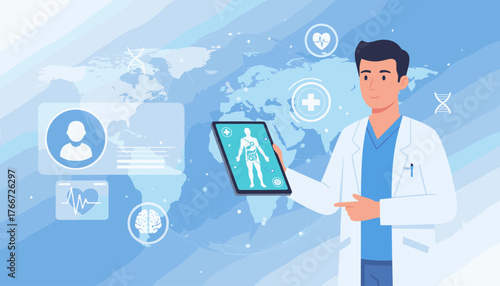 Modern doctor in white coat holding a digital tablet displaying human anatomy and medical icons, with a world map background symbolizing global healthcare and telemedicine, representing advanced