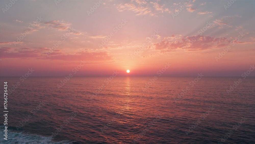 Fototapeta premium Shining sun casting hues across rippling ocean at sunset under pink purple sky and scattered clouds