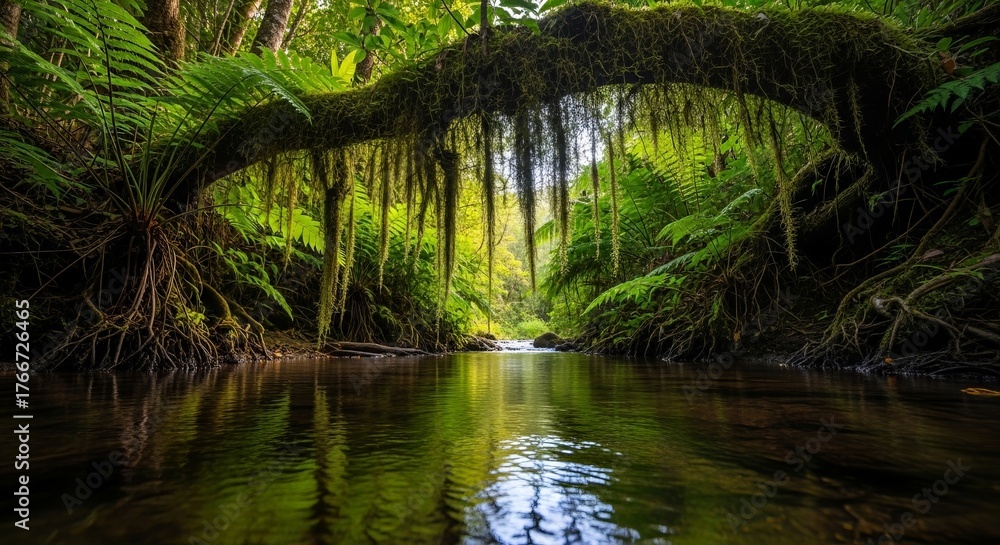 Obraz premium Lush green ferns and moss-covered tree branches create a serene scene over a gently flowing stream.