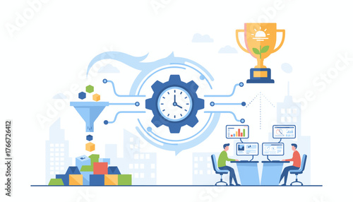 Conceptual illustration of productivity and efficient work processes, featuring a funnel processing data into blocks, a central gear with a clock, two people analyzing charts on computers, and a