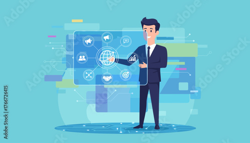 Business professional interacting with a futuristic digital interface displaying global network connections, communication icons, team collaboration, target achievement, and growth charts