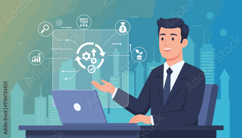 Business professional presenting a process management concept with optimization and operational efficiency icons, symbolizing growth, analysis, and financial success against a cityscape backdrop