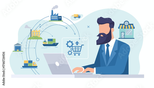 Modern flat illustration of a businessman managing supply chain logistics on a laptop, showing factories, warehouses, ships, trucks, and a shopping cart icon symbolizing procurement and e-commerce