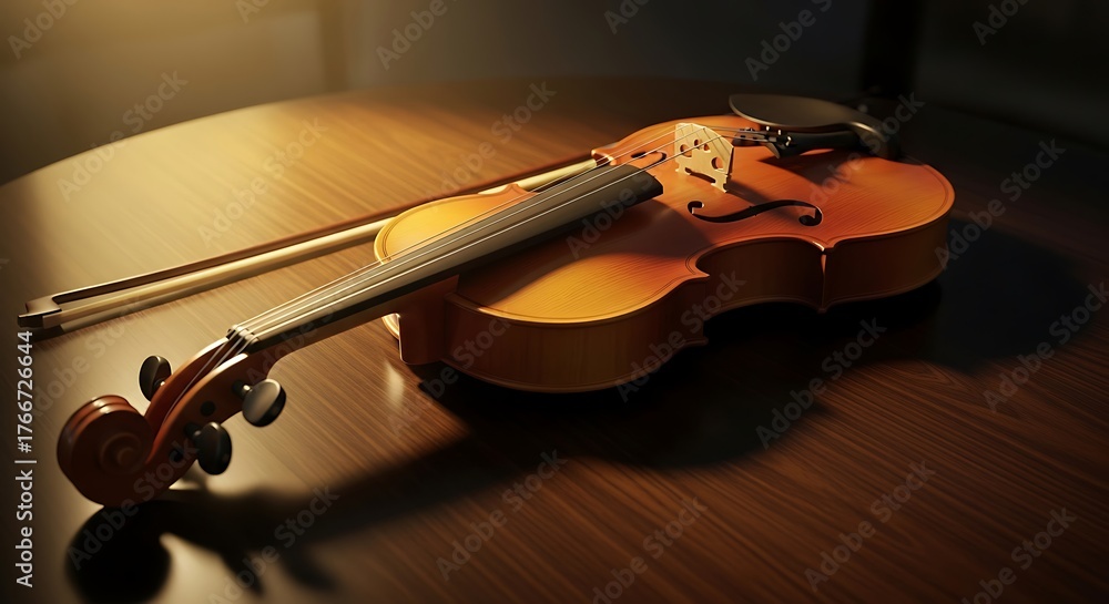 Fototapeta premium Violin and Bow Resting on Wooden Surface in Warm Light.