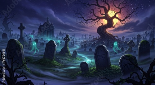 Wallpaper Mural Spooky Graveyard with Ghosts, Full Moon, Halloween Concept Torontodigital.ca