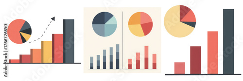 Set of survey data analysis and results presentation. A collection of colorful charts and graphs displaying data trends, including bar graphs and pie charts, designed for analytical presentations.