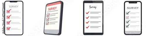 Set of online survey. Multiple smartphones displaying survey forms with checklists and a prominent 
