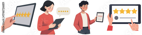 Set of customer feedback and satisfaction rating. People engaging with digital devices to share and view star ratings and reviews.