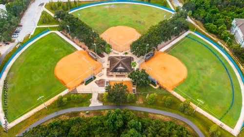 Drone view of softball fields at a Clearwater, Florida sports complex