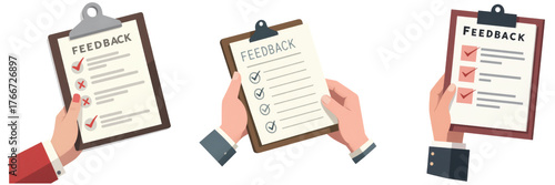 Three clipboards displaying feedback forms with checkmarks and text.